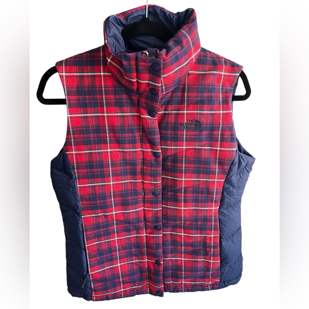 The North Face Plaid Flannel Goose down Lined Puffer Vest Size Medium Red Blue